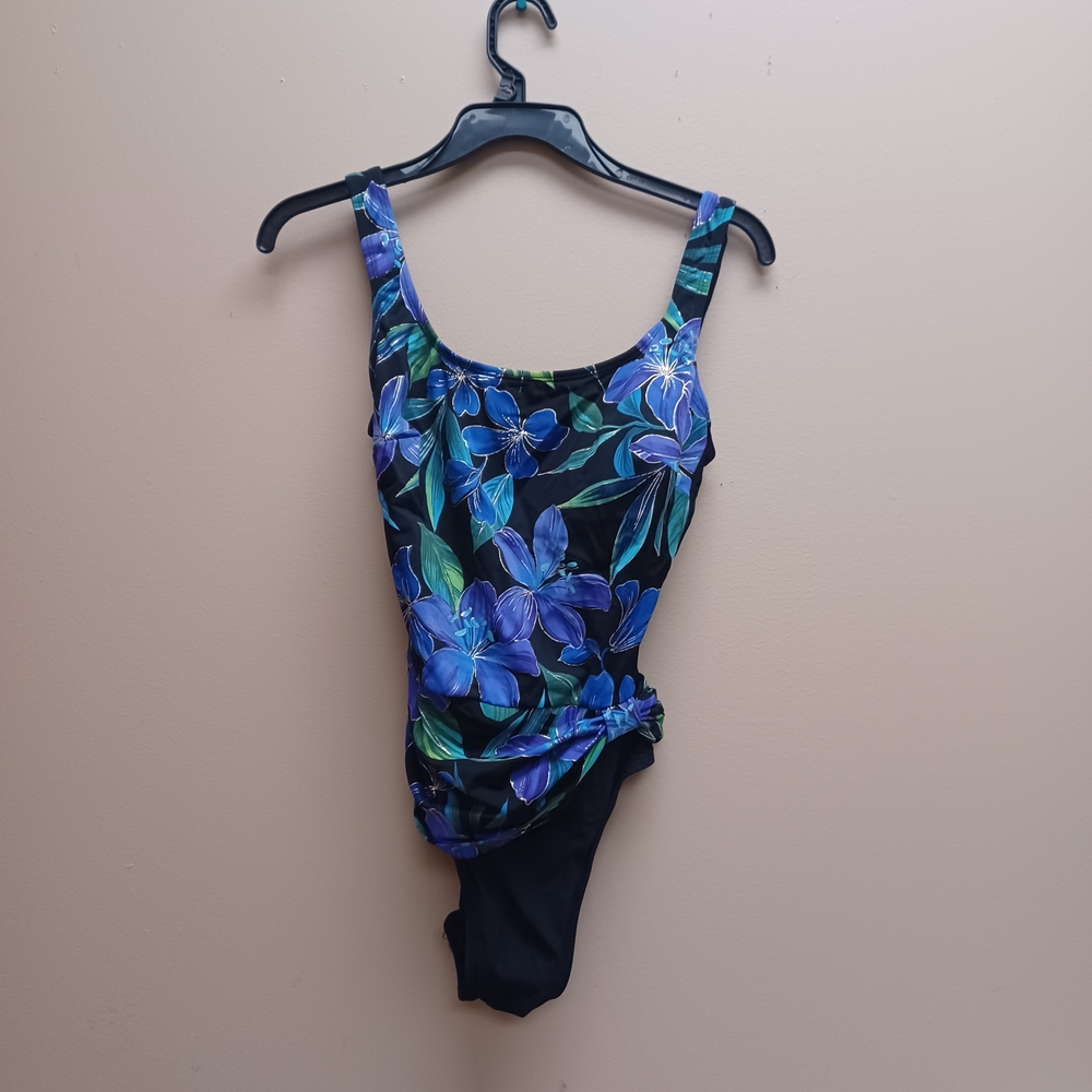 Women's Swim One Piece - Blue Green & Black Floral - 10